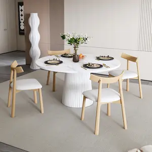 Modern Farmhouse 47 inch Round MDF Dining Table Set for 4 with Wood Strip Base & 4 Solid Wood Chairs Marble Veneer Circle Dinner Table for Kitchen and Living Room