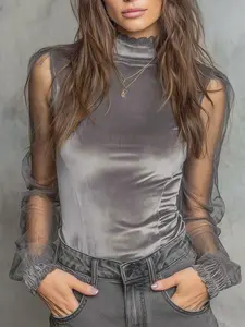 Women's French Vintage High-End Mesh Lace Velvet Bodysuit, Lantern Sleeves Stand Collar Pullover Shirt, Spring & Fall Fashion