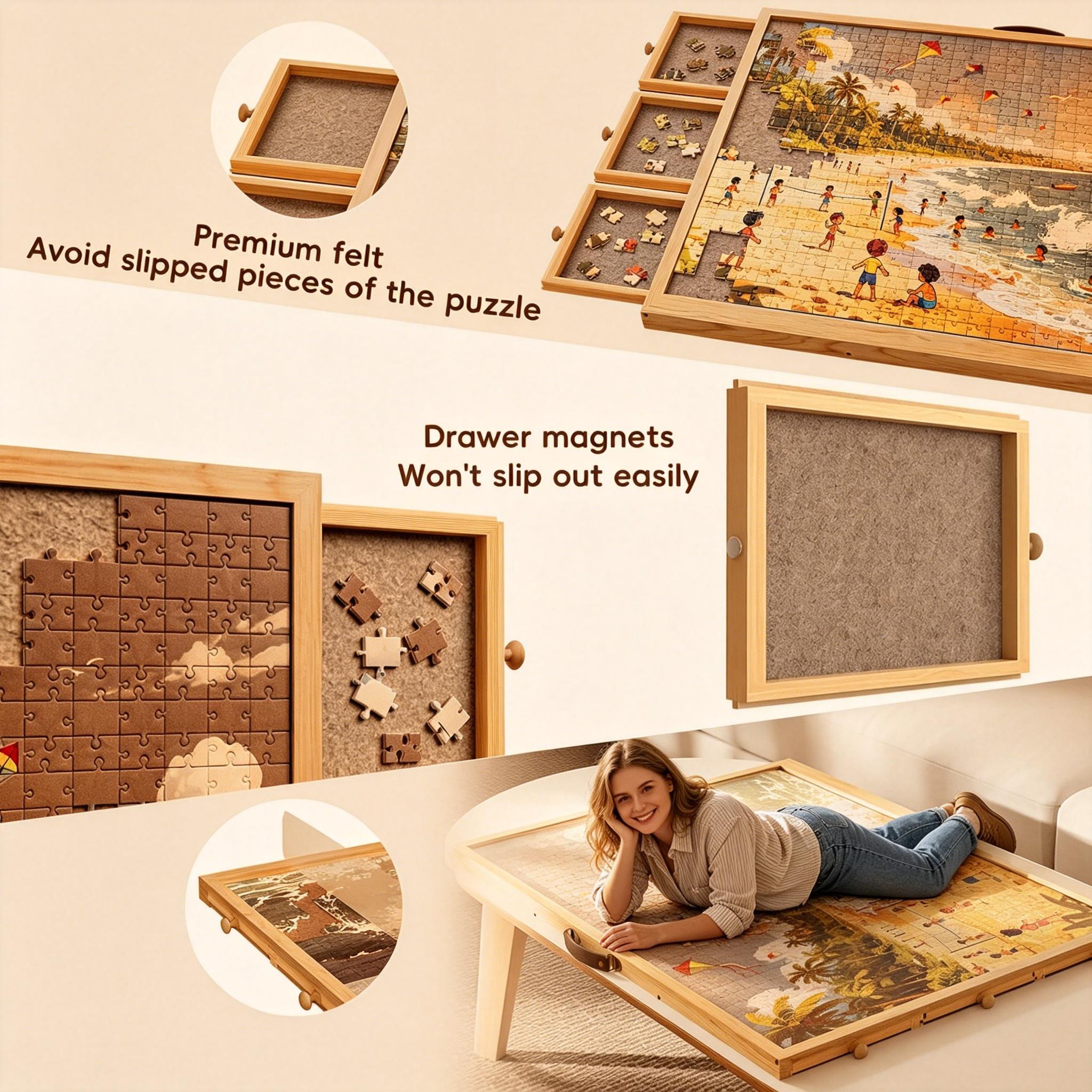 Foldable Wooden Jigsaw Puzzle Table, 2-in-1 Tilting & Rotating Puzzle Board for 1500 Pieces, 36”×26” Portable Puzzle Easel with 4 Non-Woven Drawers, Upgraded Puzzle Storage Table for Adults & Kids, Ideal Gift for Mom