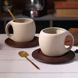 1set ceramic coffee cup saucer Home kitchen dining room Coffee cup saucer set for tea coffee milk fruit juice Suitable for outdoor wedding party gift birthday Saucer Set With Wooden Coaster & Coffee Spoon- Perfect For Serving Hot Beverages