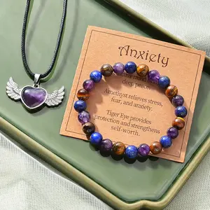 3PCS/Set Amethyst Angel Necklace and Amethyst Yellow Tiger Green Gold Natural Stone Stress Relief Strings, Feng Shui Jewellery Set, Stress Relief and Calming indian  jewellery friendship  bracelet