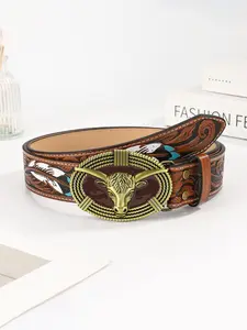 Vintage Cowboy Western Style Bull Head Decorated Belt, Western Buckle Belt, Fashion PU Leather Belt for Women & Men, Casual Waistband for Jeans Trousers