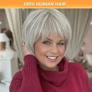 Hot 2025 Women's Natural Gray Pixie Cut Wig - Glueless Human Hair Wig with Bangs, 180% Density High Volume, Easy to Style with Heat Tools, Natural Look for Everyday, Parties, Cosplay - Suitable for All Ethnicities & Light Beige Tones - Elegant Hairpiece f