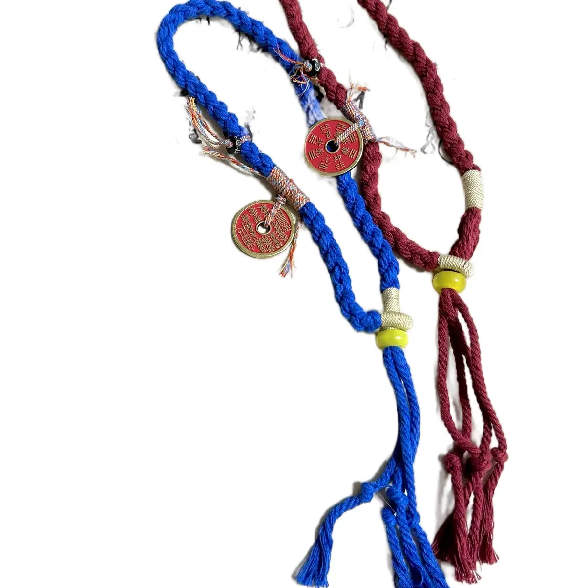 Chinese Hand-Twisted Thick Cotton Cord Bracelet with Daoist "Shan Gui" Coin Amulet