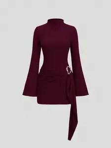 Women's Slim Fit Knitted Short Dress, Long Sleeve Flared Sleeves, Side Ruching & Metal Buckle Design, Elegant All-Season Wear, Bell Sleeve Dresses