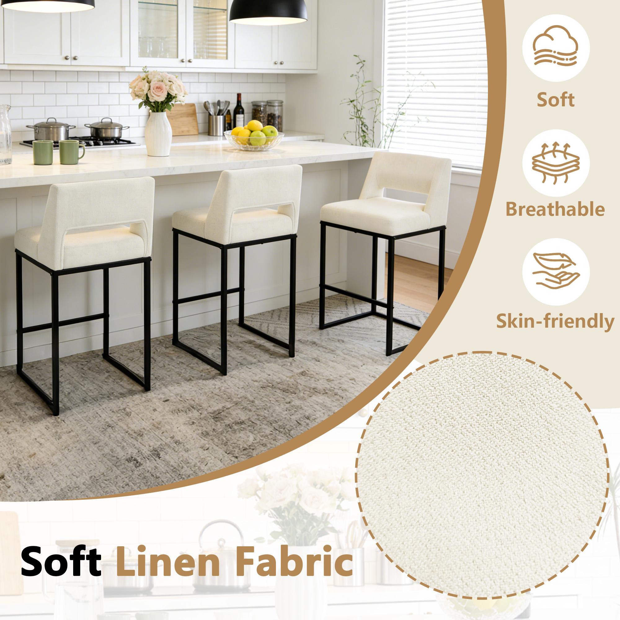 Upholstered Counter Height Stools Set of 2/3/4 Linen Bar Stools with Metal Legs and Open Back for Modern Kitchen Decor