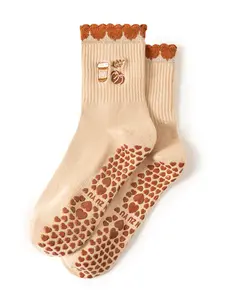 Women's Non-Slip Grip Yoga and Pilates Socks with Coffee & Pumpkin Embroidery | Moisture-Wicking, Durable & Soft | Perfect for Pilates, Dance, Fitness & Outdoor Activities