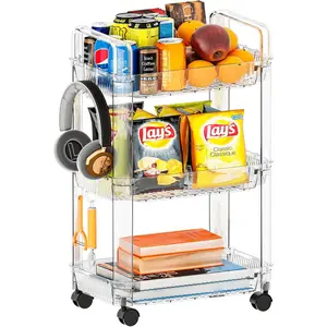 3 Tier Rolling Cart,Utility Cart on Wheels,Modern Clear Rolling Storage Cart for Bedside,College Must Haves Dorm Storage,Trolly Storage Rack for Art,Diaper Caddy,Snack,Lash Cart Organizer