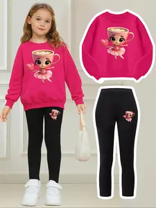Girls' Two-Piece Set Ballerina Cappuccino Print Sweatshirt + Tight Pants, Casual Loose-Fitting, Kids Fashion, Birthday Gift, Baby Clothes Girl