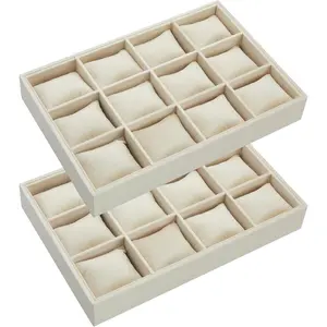 2 count 12 Grid  Watch Tray  Organizer Stackable Watch Bracelet Bangle Display Holder Adjustable Pillow(Beige)