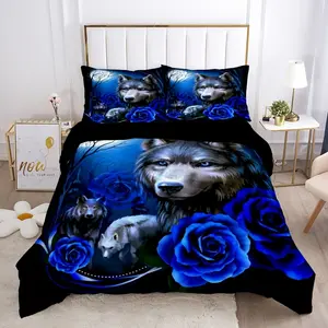 3PCS Fashion Dark Night Rose Floral Animal Wolf HD Digital Print Home Bedding Set Three-Piece