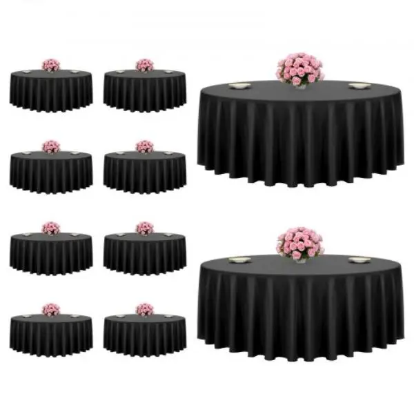 Vevor DLZB120YCHS1QON1V001V0 Classic Black Round Polyester Tablecloths (Pack of 10, 120 in. Dia.) - Stain-Resistant, Wrinkle-Resistant, Machine Washable for Weddings, Banquets
