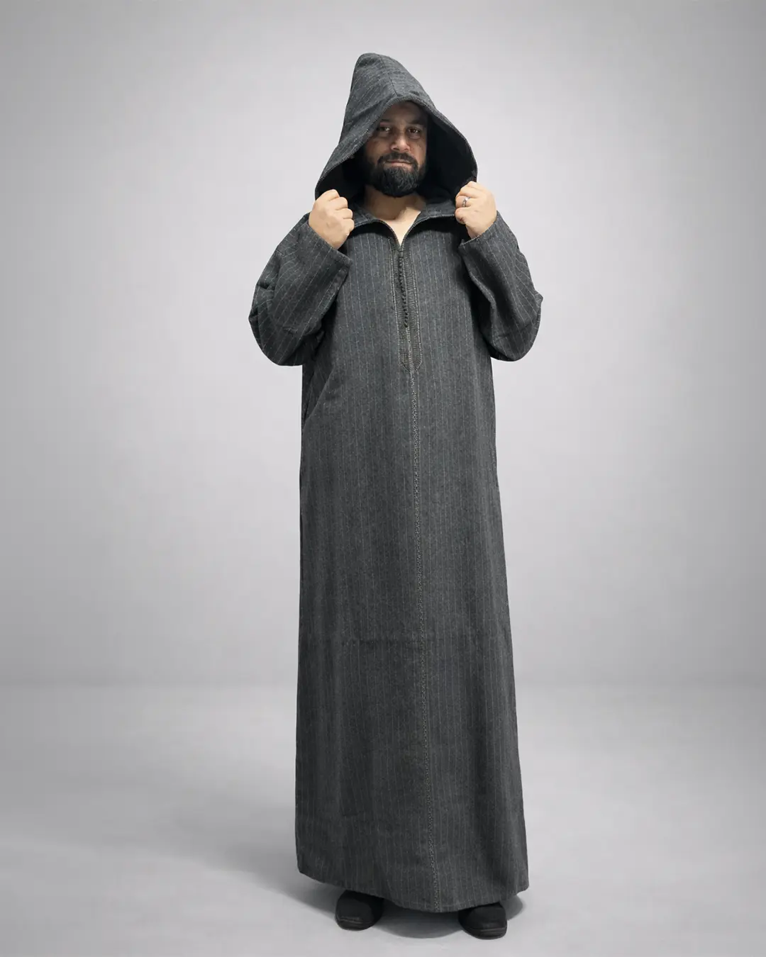 Men’s Moroccan Gray Linen Djellaba – Hooded Islamic Thobe for Eid & Ramadan