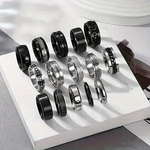 316 Stainless Steel Men's Rotatable Band Interlock Ring Turnable Set - 15pcs 15-Style, Durable 316-Grade, Daily Wear Accessory, Ramadan Gift Fashion Jewelry
