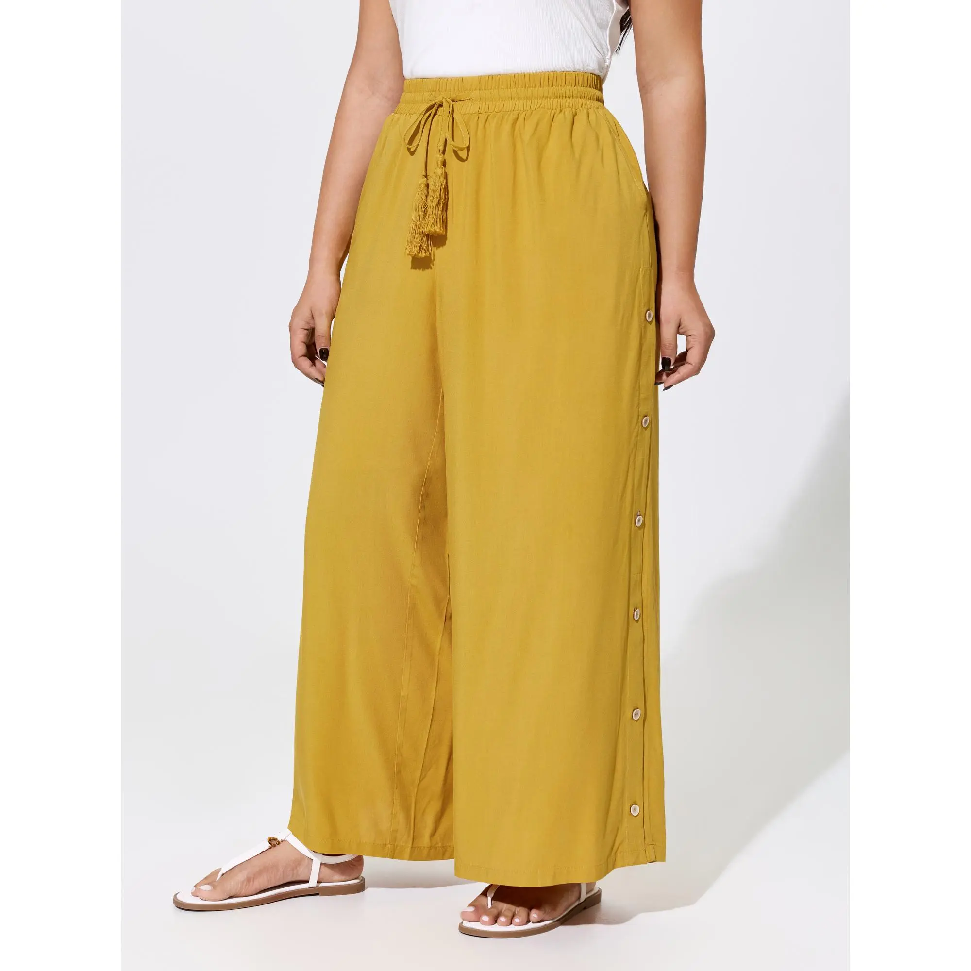 BloomChic Plus Size Solid Boho Rayon Baggy Pants with a Shirred Drawstring Waist, Tassels, and Side Pockets, Smooth, Oversize, Loose, Bottoms, Garment, Fabric, Fit, Pants For Women, Oversized, Mid Rise, Loose Fit