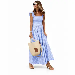 2026 Summer Style Women's Patchwork Plaid Halter Elastic Skirt Dress