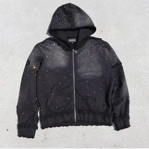 Men's Autumn Winter Trendy Starry Sky Rhinestone Hooded Zipper Sweatshirt Men's Street Hip Hop Loose Jacket