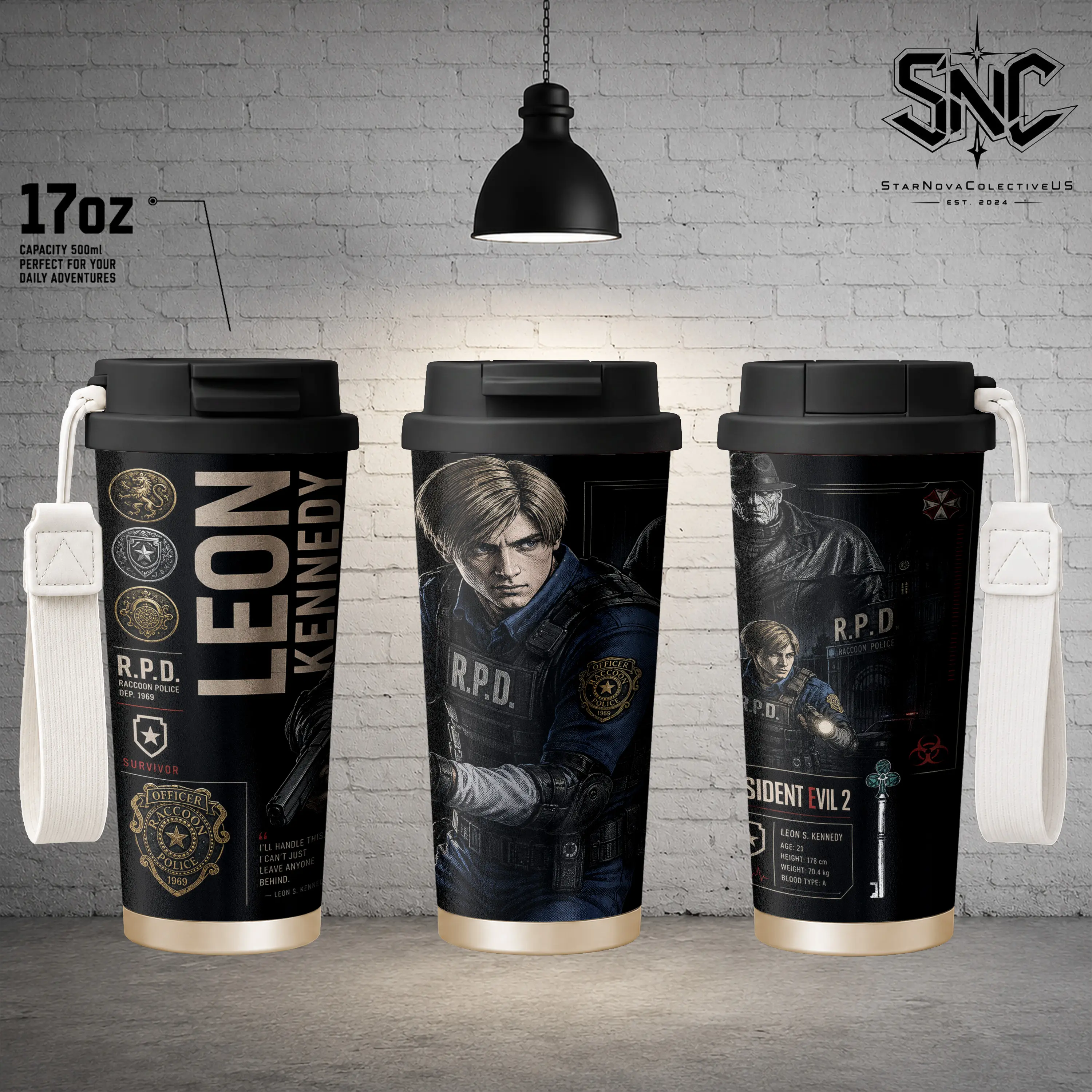 Leon S. Kennedy Resident Evil Stainless Steel Travel Flask – 17oz, 24oz, 30oz Double Wall Vacuum Insulated Mug | Keeps Cold 24h & Hot 12h, Heavy Duty Iced Coffee & Water Cup for Work, Gym & Commute