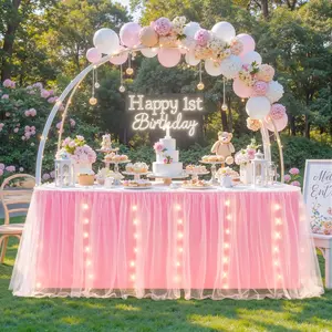 6FT Pink Tulle Table Skirt with LED Lights 2-Layer Ruffle Tulle Tutu Cloth Desk Table Skirt for Birthday Party Baby Shower Wedding Banquet Cake Dessert Decorations