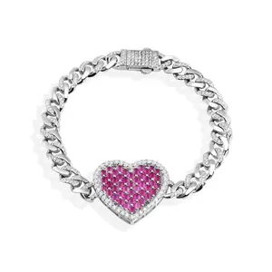 6.4MM 925 Sterling Silver Heart Baguette Pink and Round Clear CZ Studded Bracelet