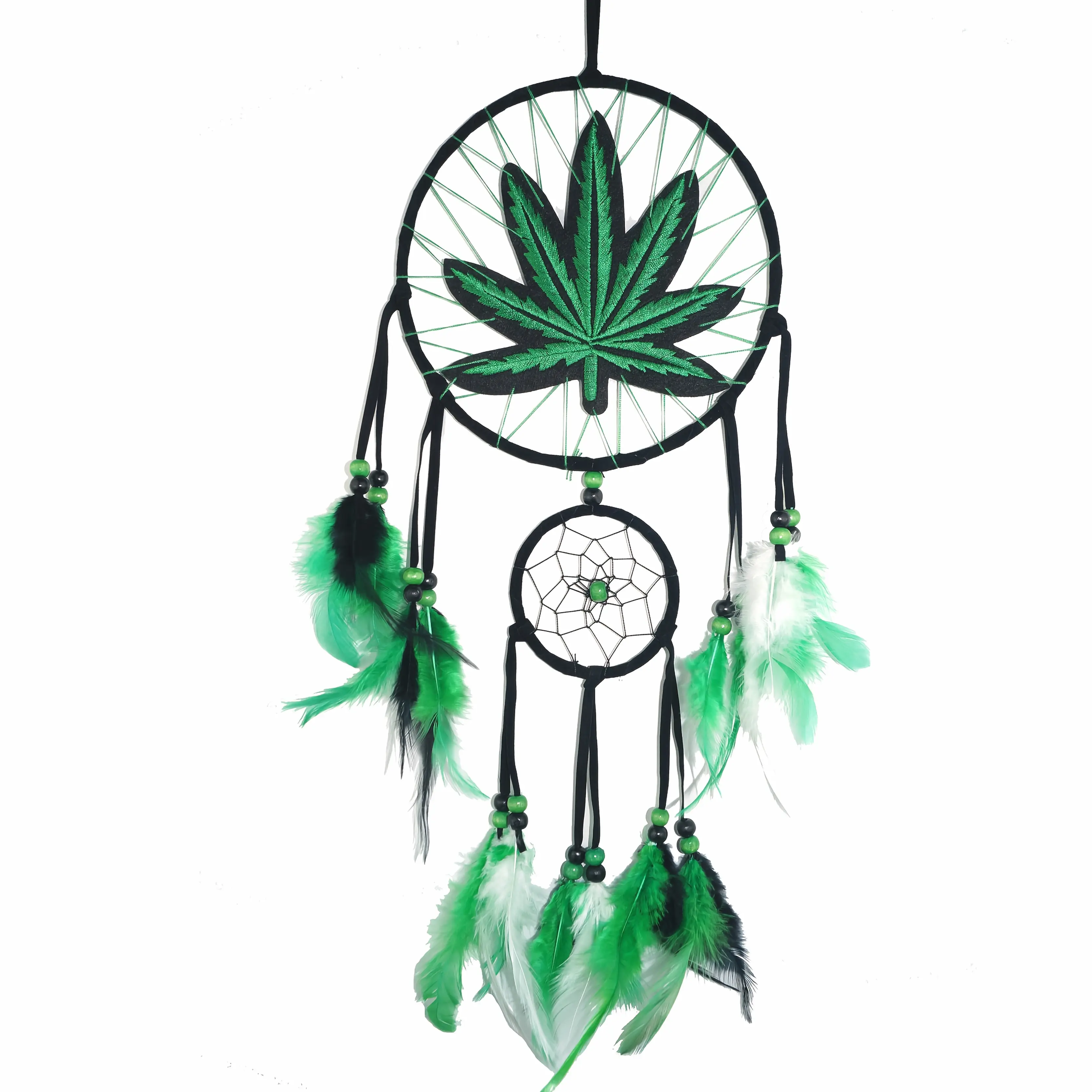 Bohemian Leaf Embroidered Dream Catcher with Feathers & Leaf Pot - Fabric Weed Gift for Women/Men, -Themed Tale Decor for Christmas, Bedside, or Cabin (Embroidery, Not Smokeable)
