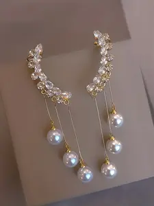 Fashion Trendy Jewelry Luxury Full Rhinestone Water Drill Fringe Imitated Pearl Earrings, Elegant Accessory for Women, Faux Pearl Jewelry