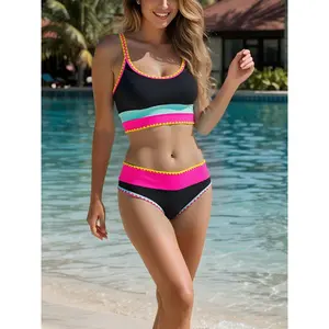2026 New Sporty Neon 3-Piece Bikini Set, High Waisted Tummy Control Swimsuit with Adjustable Wide Shoulder Straps, Ideal for Beach and Kayaking Activities, Swimsuits Tummy Control