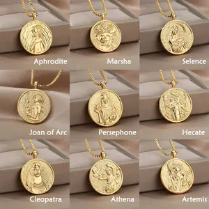 Vintage Greek Goddess Coin Necklace Set - 14 Styles, Stainless Steel Mythology Jewelry: Hera, Mulan, Selene, Persephone, Athena