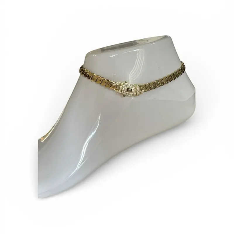 (Quick Sale) Cuban link anklet 6 mm with box closure with zirconia, 14 k Gold Plated ,Fashion Jewelry.