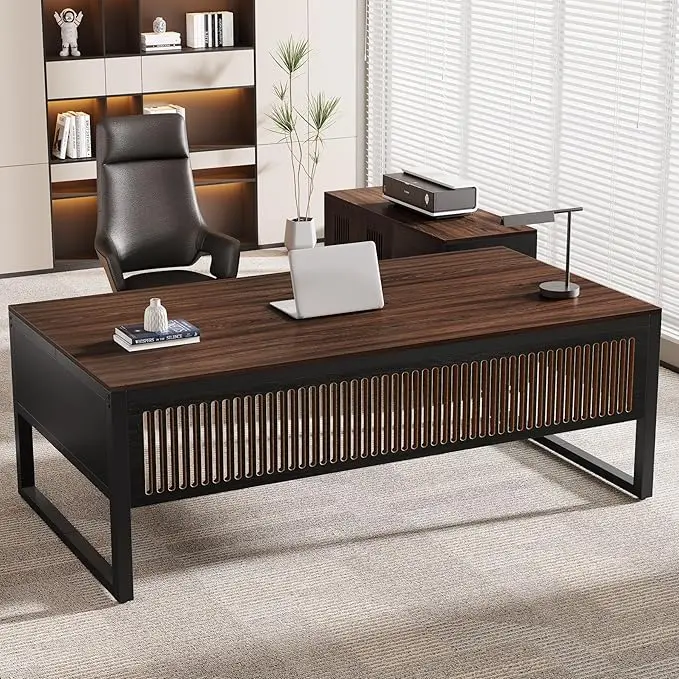 Tribesigns 63-Inch Executive Desk with Mobile File Cabinet Modern L-Shaped Computer Desk Dark Walnut & Black Business Furniture for Home Office