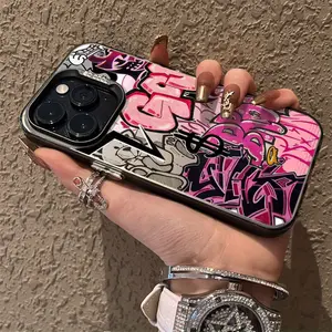 Graffiti Cool Art Pink Suitable for TPU Case for iPhone 16 Pro Max/15 Pro Max/14/16 Plus/13 Pro/12/11/X/XR/XS Max Durable Shockproof Colorful Silvery, PC Protective Cover High Aesthetic Protection Smartphone Cellphone Casing Black