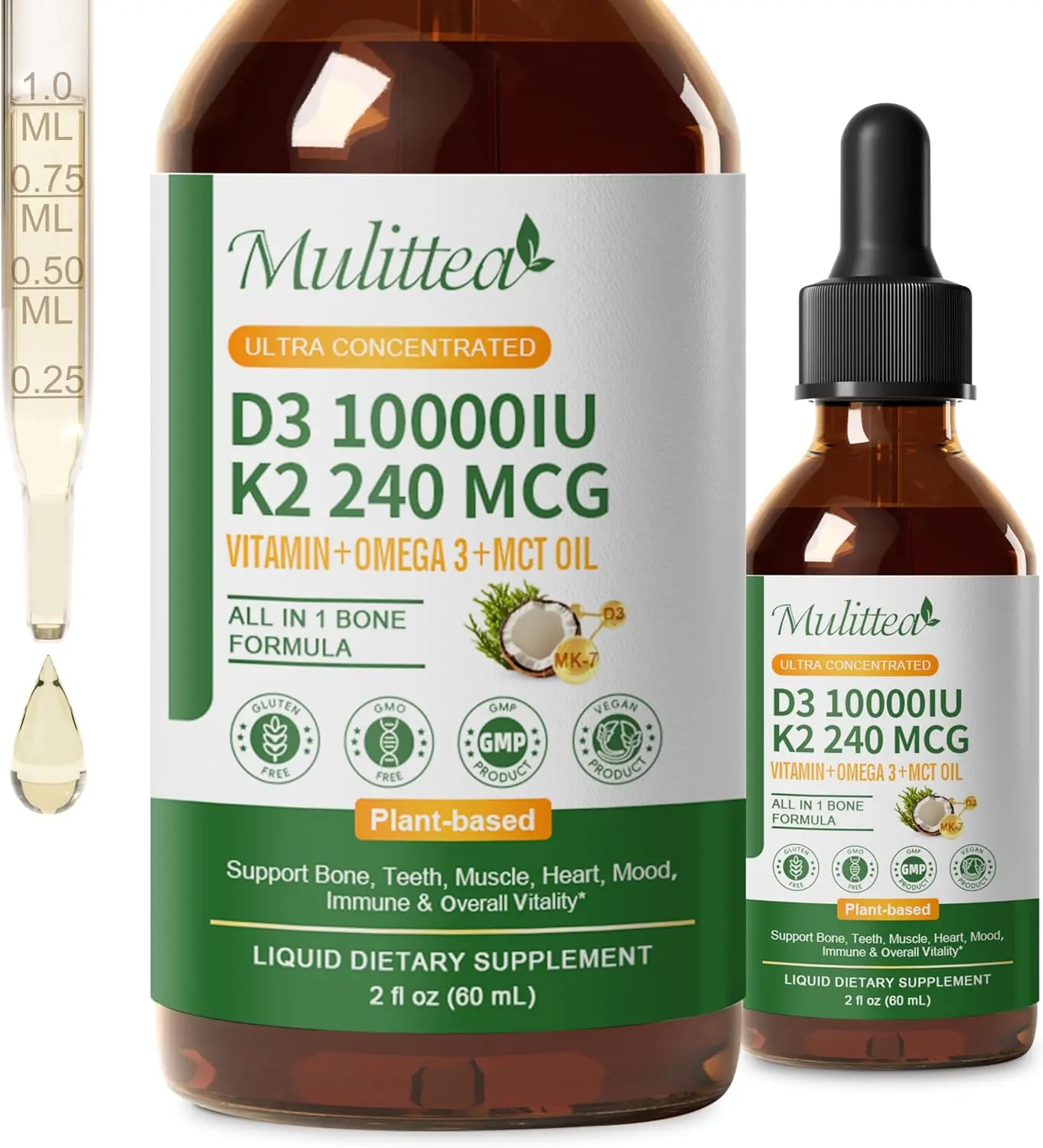 Mulittea Vitamin D3 K2 Liquid 10000 IU w/ MK7, Omega-3 & MCT Oil | Plant-Based D3, All-Trans K2 MK7 & Vegan Omega-3 for Calcium Absorption, Bone, Muscle & Immune Support - 2 Fl Oz