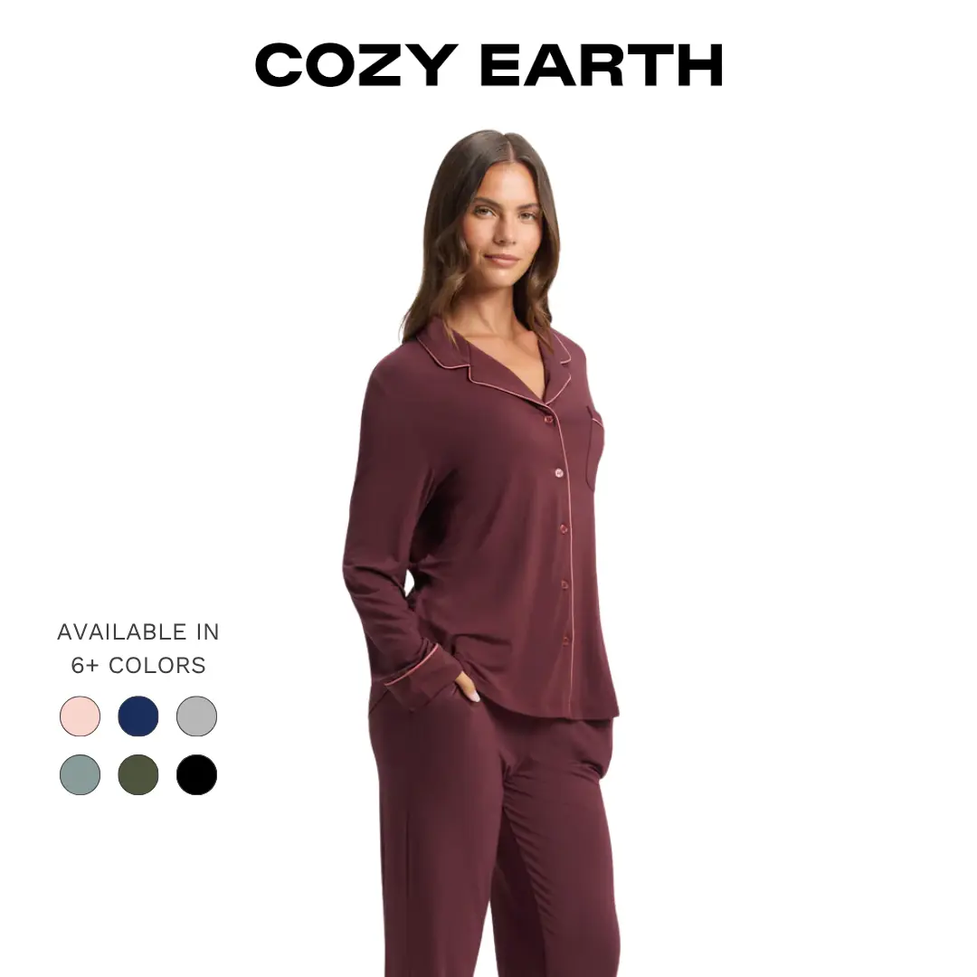 Cozy Earth Women’s Bamboo Stretch-Knit Long Sleeve Pajama Set | Soft, Breathable, Lightweight Set | Elastic Waistband, Pockets, and Moisture-Wicking