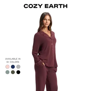 Cozy Earth Women’s Bamboo Stretch-Knit Long Sleeve Pajama Set | Soft, Breathable, Lightweight Set | Elastic Waistband, Pockets, and Moisture-Wicking