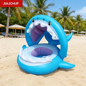 3D Shark Shaped Inflatable Swim Ring with Canopy, Realistic Ocean Adventure Design, Thickened PVC, Kids Float for Summer Water Play