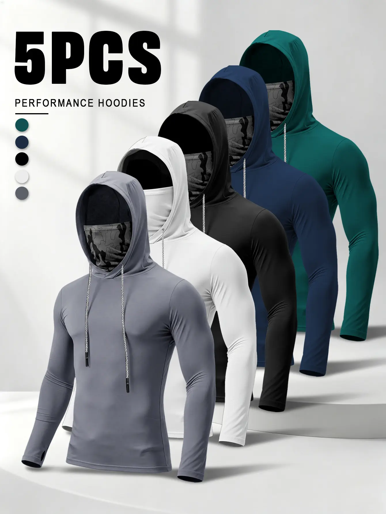 5-Pack Men’s Lightweight Hooded Shirts with Face Cover, Long-Sleeve Performance Hoodies for Fishing, Hiking, Running & Outdoor Work
