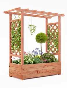 GARVEE Elevated Wooden Garden Bed with Trellis, 45-Inch Planter Box with Side Supports, Canopy, and Drainage Holes, Perfect for Climbing Plants, Vines, and Flowers