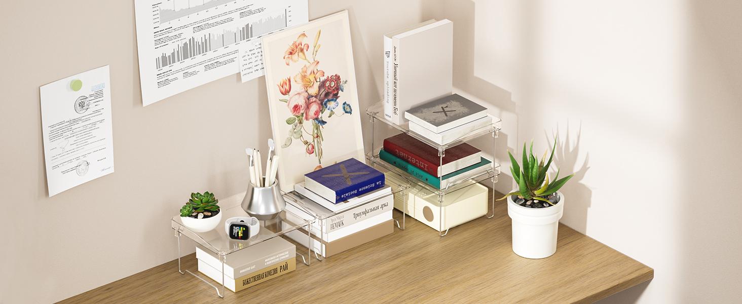 2 Pcs Cabinet Organizer Shelf, Stackable Kitchen Counter Shelves, Spice Rack, Countertop Organizers, Clear Plastic Storage Shelves Rack for Makeup, Bathroom, Cupboard, Desk, Pantry Organization