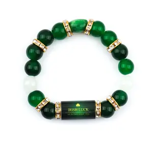 2026 St. Patrick's Day Bracelet, Green Agate Lucky Clover Beaded Bracelet with Rhinestones, Irish Luck Wealth Gift