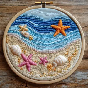 Easy DIY Punch Needle Kits Beach Starfish Sea Shells for Beginners Embroidery Set with Hoop Stamped Pattern for Craft Lovers Home Decor