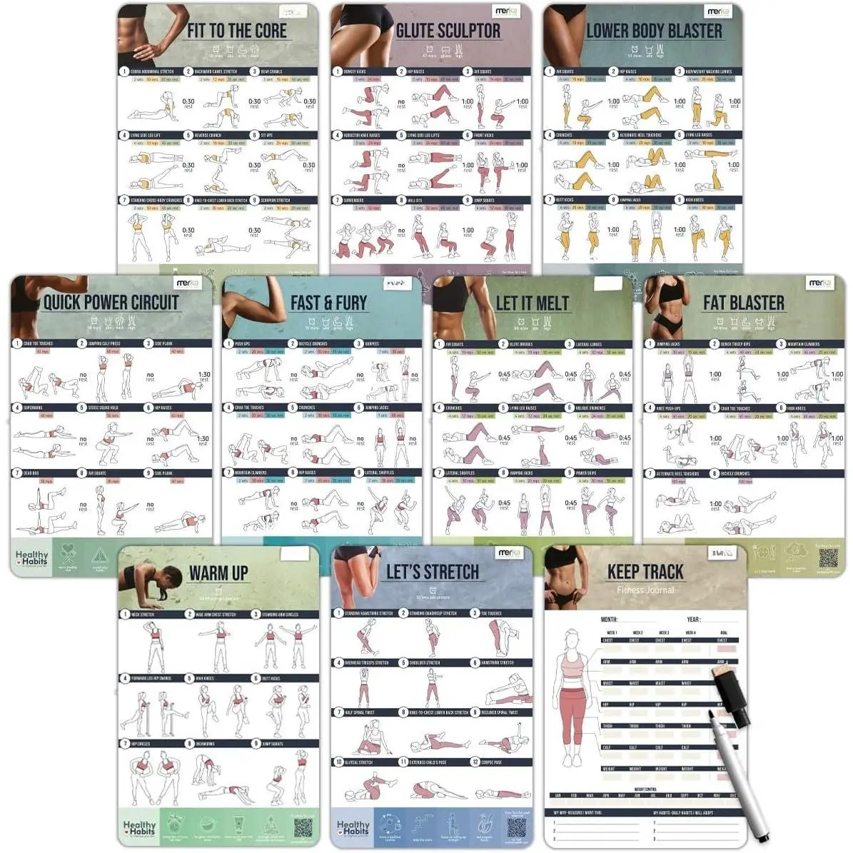 Set of 10 Workout Journal for Women, Workout Planner for Women, Laminated Workout Calendar, Wall Pilates Exercise Chart, Complete Instructional Fitness Routine Guide for Home or Gym