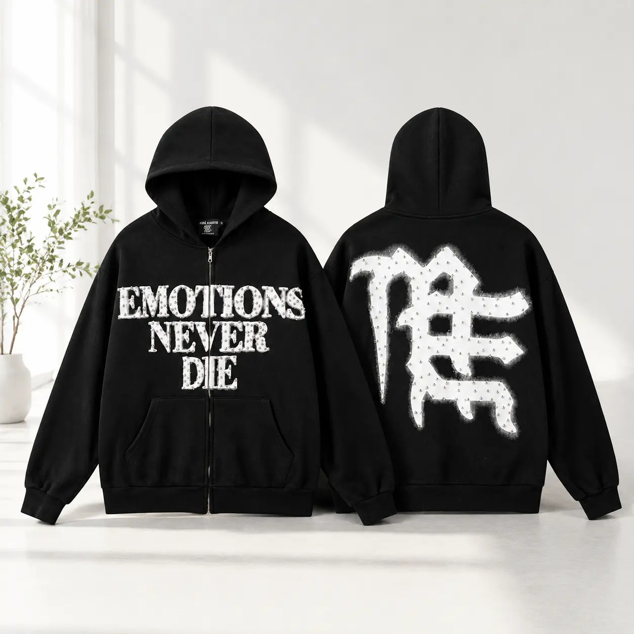 MIXED EMOTION Rhinestone Zip Up Hoodie, Oversized Y2K Gothic Streetwear Hoodie for Men Women, Front Back Graphic Letter Print Hip Hop Sweatshirt Jacket, Unisex Fall Winter Casual Hoodie