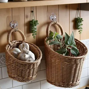 Boho Hanging Round Slanted Woven Basket, Durable Kitchen Storage Basket, Suitable for Flowers, Pots, Candles, Snacks, Bedroom, Living Room, Balcony