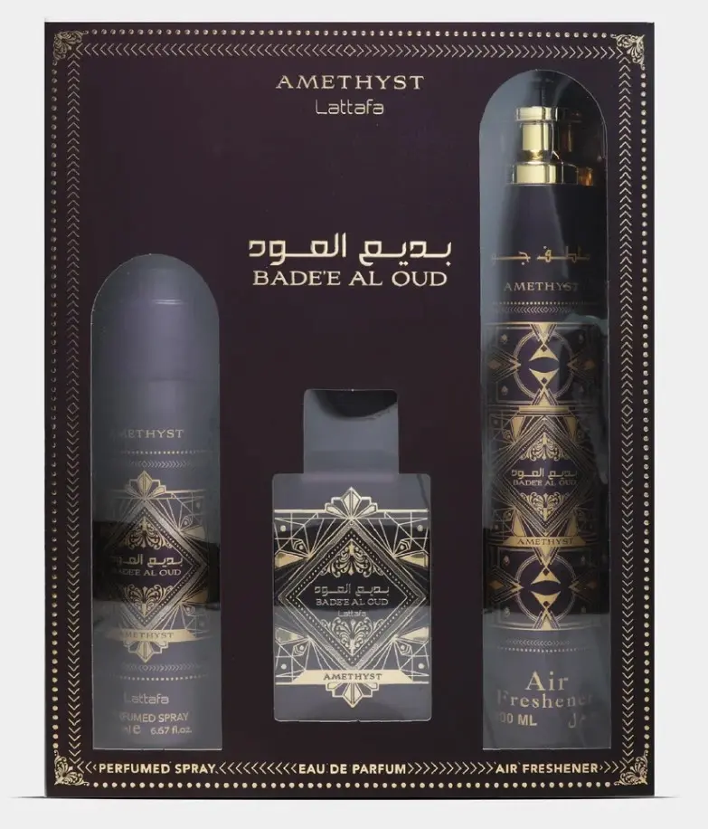 (3pc Gift Set) Badee Al Oud Amethyst by Lattafa 3.4oz EDP + 6.8oz Body Spray + 10.2oz Air Freshener