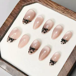 Elegant Nude Handmade Short Almond Press-On Nails Short Almond with Black Bow Design for Stylish Manicure