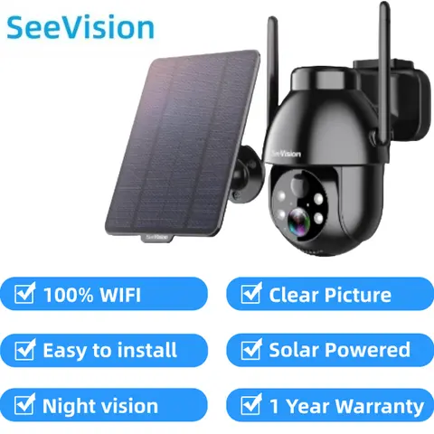 SeeVision Solar WiFi Outdoor Security Camera 3MP 2K HD 360° Pan-Tilt - Solar Powered Rechargeable (5200mAh), IP66 Waterproof, PIR AI Motion Detection, Color Night Vision, 2-Way Audio, SD/Cloud
