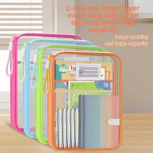 A4 Document Storage Bag 3-Layer Organizer with Reinforced Spine 4 Color Options Includes Label Stickers for Office Supplies Stationery Organization