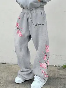 Unisex Cherry Blossom Print Drawstring Sweatpants, Loose Wide Leg Draping Fit, Sweet Cool Casual Style, All Season Daily Wear & Campus Commute Trousers