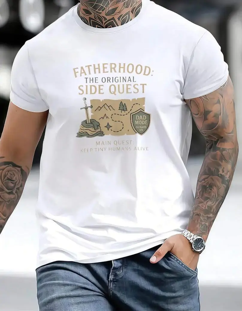 Men's Cotton Short-Sleeve Soft Fitness Top - Funny D&D Dad Shirt, Fatherhood Side Quest Tee, Nerdy Father's Day Gift for Gamer, Dungeons and Dragons Sweatshirt, Shortsleeve, Casual
