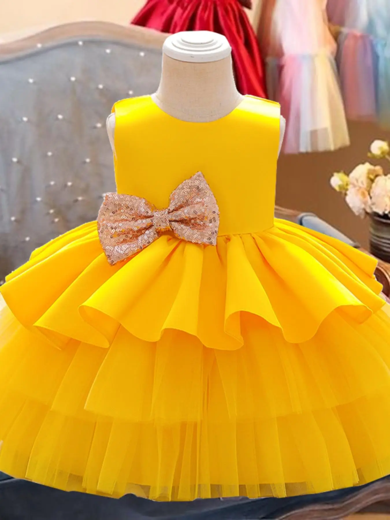 Toddler Girl's Solid Big Bow Decor Mesh Overlay Tulle Dress, Elegant Romantic A Line Dress for Party Wedding Guest, Kids Clothes for All Seasons